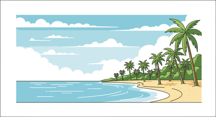 Tropical beach scene with palm trees and turquoise ocean cartoon vector illustration