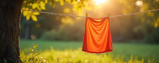 Colorful Garment Gently Swaying on Rustic Clothesline in Soft Sunlight, Evoking Peace and Simple Living - Perfect for Minimalist Lifestyle Blogs