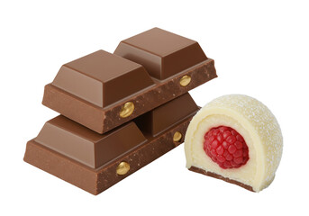 Milk chocolate bar with hazelnuts and raspberry truffle isolated, delicious confectionery treat for dessert and sweet indulgence