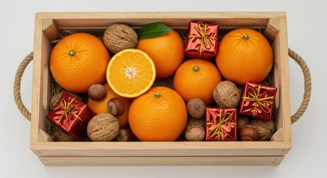 Festive arrangement for st. nicholas day with oranges, nuts, and gift boxes