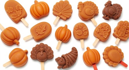 Assortment of Thanksgiving Themed Chocolate Lollipops on Sticks.