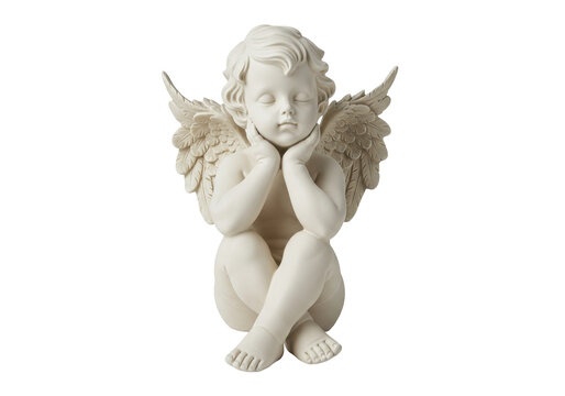 Sleeping cherub statue isolated on transparent background, angel figurine with wings for decoration and remembrance