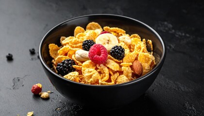 Bowl of cereal on a black background