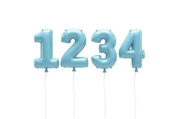 Light blue number balloons 1234 isolated on transparent background, festive decoration for birthday...