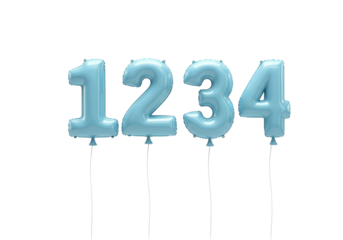 Light blue number balloons 1234 isolated on transparent background, festive decoration for birthday party in PNG format