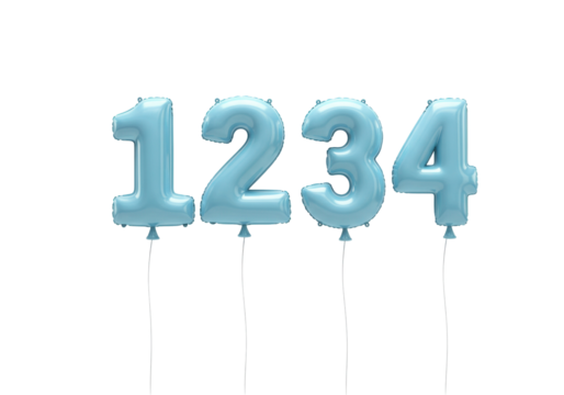 Light blue number balloons 1234 isolated on transparent background, festive decoration for birthday party in PNG format
