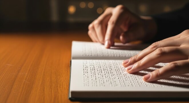 Hands reading braille on open book at wooden table – education, accessibility, inclusion concept