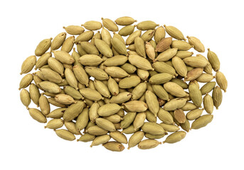 Pile of green cardamom pods isolated, aromatic spice used in Indian and Middle Eastern cuisine for flavoring dishes and beverages