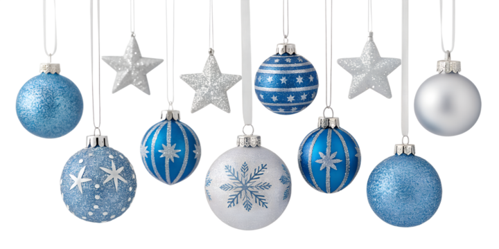 Blue and silver glitter holiday ornaments with star and snowflake patterns hang suspended on a pure black background.