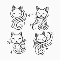 Vector set of abstract cat head elements and artistic tattoo stencils. Use for creating unique patterns, emblems, and graphic accents. Focus on smooth lines and characteristic shapes.