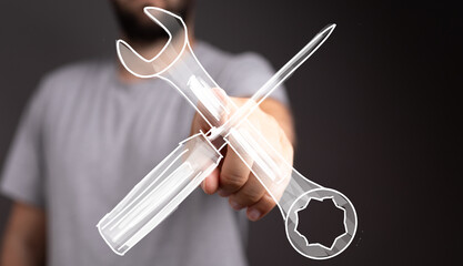 High-quality image of a man showcasing digital icons of a wrench and screwdriver, symbolizing repair, maintenance, and solutions.