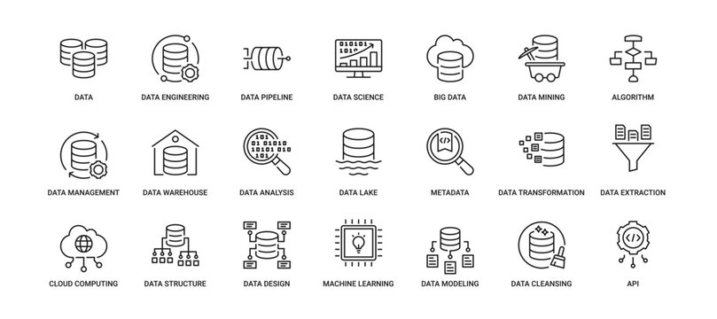 Data Icon Set containing data engineering, pipeline, science, big data, data mining, algorithm, management, analysis, metadata and API vector icons