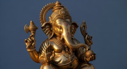 Golden ganesha sculpture against blue background for home decor and spiritual spaces