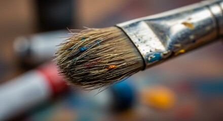 Close up of a used paintbrush with paint on its bristles and a blurred background of art supplies.