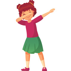 Cartoon Child Doing Dab Dance Pose With Reddish Brown Hair And Green Skirt And Pink Shirt On Transparent Background