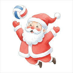 Santa Claus Playing Volleyball Watercolor Vector Illustration
