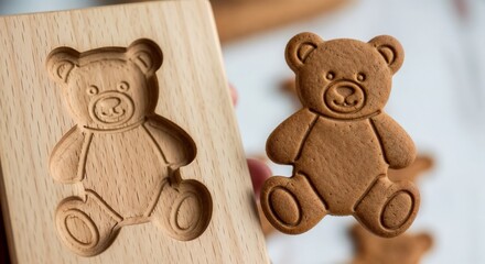 Wooden gingerbread mold with teddy bear cookie on a blurry background, close-up