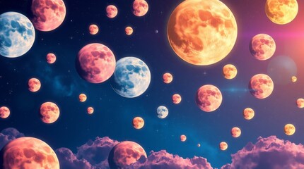 Surreal Night Sky Displaying Multiple Colorful Moons Among Dreamy Clouds and Starry Background for Fantasy Imagery