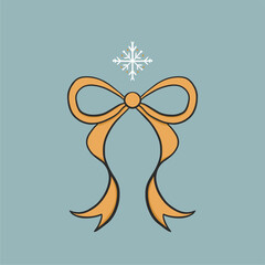Holiday card with a bow and snowflake. Hand-drawn illustration, holiday poster, vector.