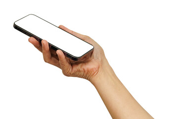 Mobile smart phone with white blank screen in Asian lady hand  for communication isolated on white background with clipping path.
