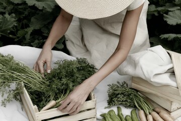 Obraz premium Female gardener harvesting fresh carrots and peppers in sun hat and linen dress
