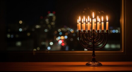 Hanukkah menorah with lit candles by a window at night - perfect for seasonal decor or holiday greeting card design