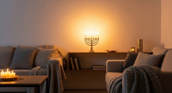 Cozy living room with lit menorah for hanukkah celebration in warm ambient lighting