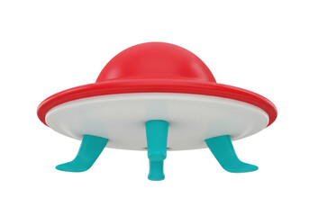 Fototapeta premium Red and white UFO spaceship isolated PNG, toy flying saucer with blue landing gear on transparent background