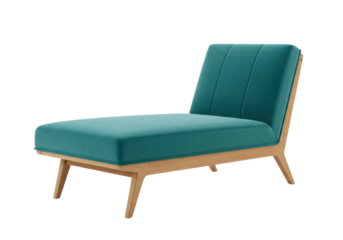 Modern teal chaise lounge chair isolated, contemporary furniture with wooden frame for living room or relaxation area