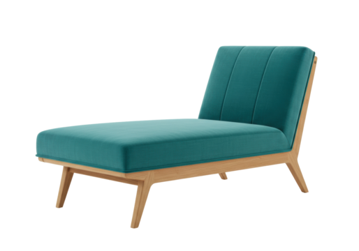 Modern teal chaise lounge chair isolated, contemporary furniture with wooden frame for living room or relaxation area