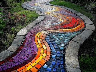 Magical Garden Pathway Crafted from Colorful Mosaic Stones