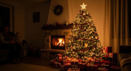 Fototapeta premium Cozy christmas eve by the fireplace with illuminated tree and gifts for celebrations