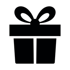 An illustration depicting a black silhouette of a gift box with a bow on a white background
