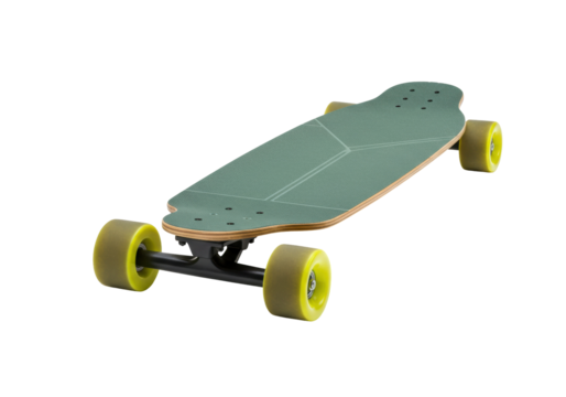 Green longboard isolated PNG, skateboard with yellow wheels for recreation and transportation on transparent background - Powered by Adobe