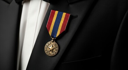 Distinguished medal on formal suit jacket for honor and recognition concept