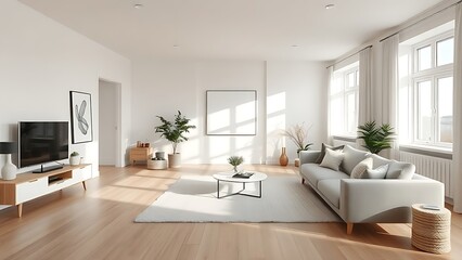 Fototapeta premium A minimalist Scandinavian living room with modern furniture and neutral tones.Interior Design. 