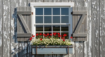 Rustic Window with Flower Box and Shutters on Weathered Wood Siding.