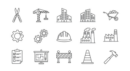 Comprehensive Vector Outline Icon Set for Construction, Industrial Development, and Engineering Projects, featuring Building Tools, Machinery, and Factory Symbols