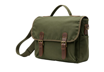 Olive green canvas messenger bag isolated, vintage style satchel with leather straps and brass buckles for travel and everyday use