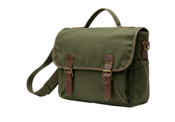 Olive green canvas messenger bag isolated, vintage style satchel with leather straps and brass buckles for travel and everyday use
