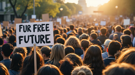 Crowd of Protesters Holding Signs at Dusk for Animal Rights and Environmental Awareness