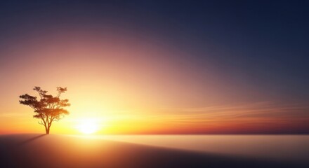Obraz premium Tranquil sunrise over horizon with lone tree in serene landscape