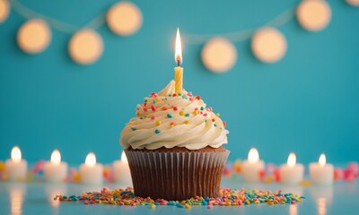 Delicious cupcake with a lit candle, colorful sprinkles, and soft candlelight create a joyful celebration atmosphere