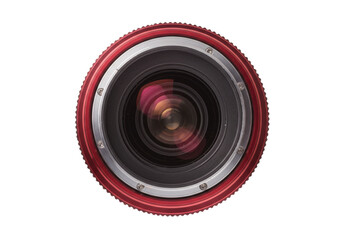 Red camera lens isolated on transparent background, professional photography equipment for photographers and videographers