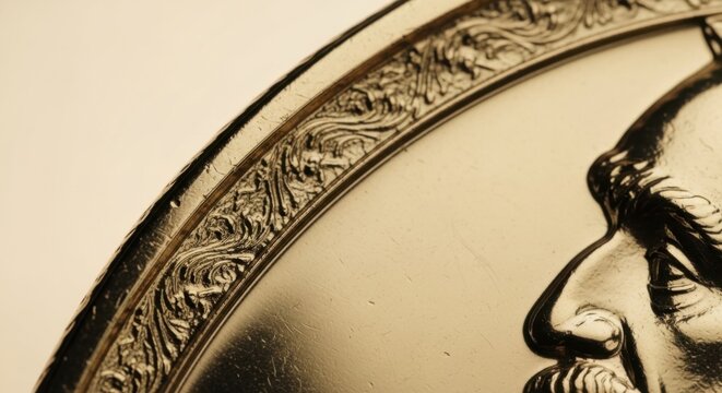 Detailed close-up of a decorative coin with intricate designs for numismatic collection or educational illustration