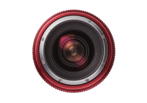Red camera lens isolated on transparent background, professional photography equipment for photographers and videographers
