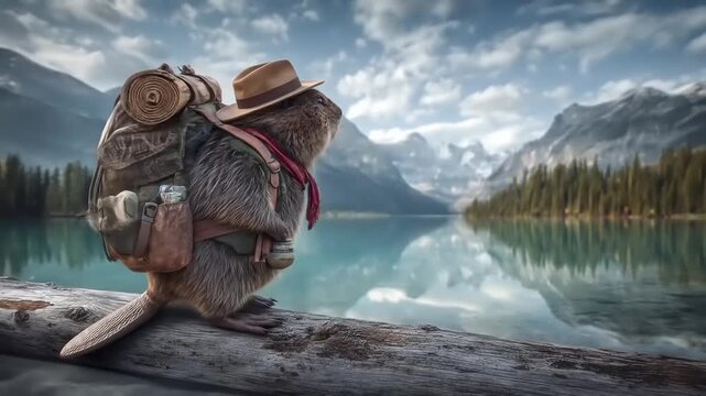 Adventurous beaver with backpack and hat enjoying scenic lake view