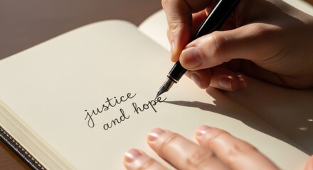 Inspirational calligraphy with the words justice and hope in elegant handwriting on paper