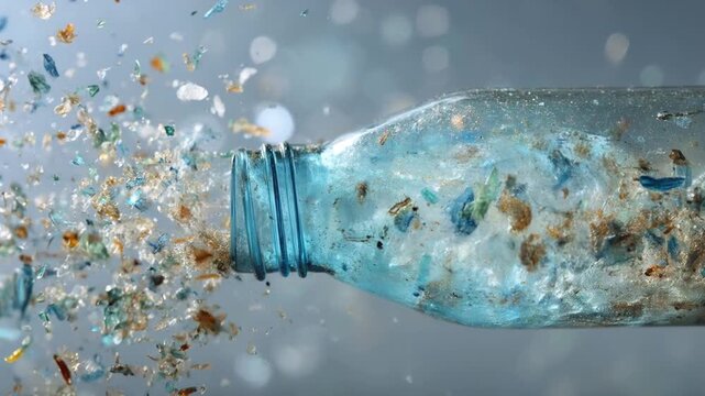 Microplastic pollution from plastic bottle contaminates environment and threatens food chain with harmful tiny debris and particles spreading widely