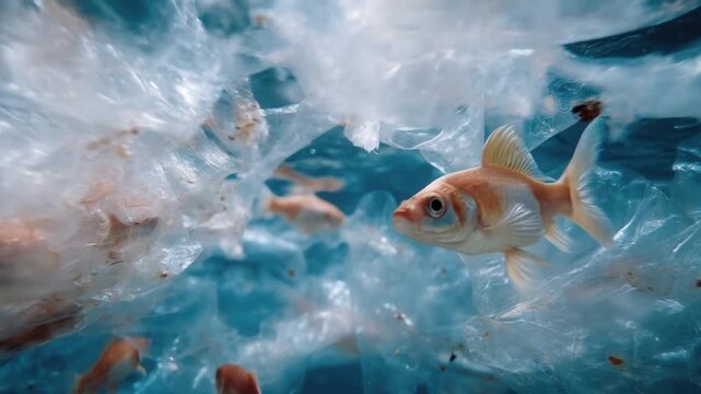 Fish swimming polluted water filled with microplastic debris highlighting impact aquatic life, ocean environment, pollution, and food chain survival